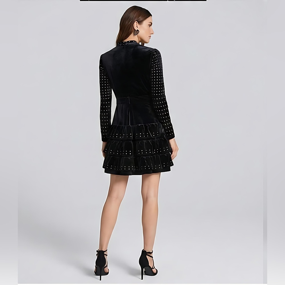 Velvet And Rhinestone Ruffle Hem Mini Dress Black - Picture 4 of 9